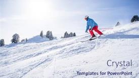  Presentation with skiing - Colorful presentation theme enhanced with sportsman in helmet and mask skiing on snowy slope backdrop and a sky blue colored foreground