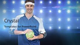  Presentation with spotlight - Theme consisting of sportsman posing with ball on white background against composite image of blue spotlight background and a light blue colored foreground
