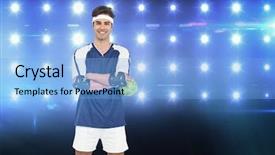  Presentation with spotlight - Colorful PPT theme enhanced with sportsman standing with ball on white background against composite image of blue spotlight backdrop and a light blue colored foreground