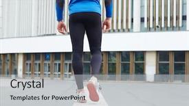  Presentation with rear view of bodyguard - PPT layouts consisting of sportsman walking towards urban edifice background and a light gray colored foreground