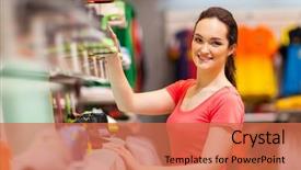  Presentation with sportswear - Beautiful PPT layouts featuring sportswear shop assistant portrait inside backdrop and a coral colored foreground