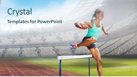  Presentation with stadium - Amazing PPT theme having sportswoman practising the hurdles backdrop and a sky blue colored foreground