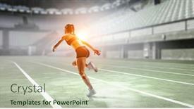  Presentation with running race - Colorful presentation theme enhanced with sportswoman-running-race-mixed-media backdrop and a soft green colored foreground