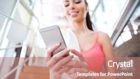  Presentation with cute - Cool new PPT layouts with sportswoman sitting and using mobile backdrop and a coral colored foreground