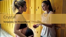  Presentation with locker room - Colorful presentation theme enhanced with sporty-active-women-talking backdrop and a yellow colored foreground
