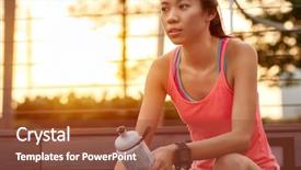  Presentation with water bottle - Cool new theme with sporty asian chinese woman sitting outdoors resting with water bottle after morning run backdrop and a tawny brown colored foreground