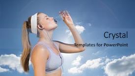  Presentation with sunshine - Audience pleasing PPT theme consisting of sporty blonde drinking water against cloudy sky with sunshine backdrop and a teal colored foreground