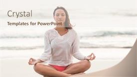  Presentation with lotus - Presentation design consisting of sporty brunette sitting in lotus pose on the beach background and a sky blue colored foreground