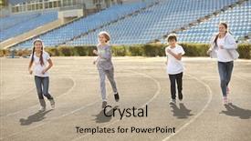  Presentation with children running - Slide deck with sporty children running on track at stadium background and a coral colored foreground