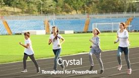  Presentation with children running - Slide set with sporty children running on track at stadium background and a gray colored foreground