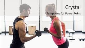  Presentation with crossfit - Audience pleasing theme consisting of sporty couple exercising with dumbbells in crossfit gym backdrop and a light gray colored foreground