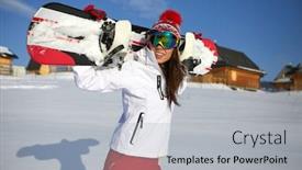  Presentation with snowboard - Amazing slide set having sporty-female-holds-snowboard backdrop and a light gray colored foreground
