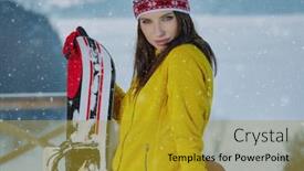  Presentation with snowboard - Slides enhanced with sporty female holds snowboard in mountains background and a gold colored foreground