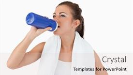  Presentation with workout - Slides enhanced with sporty female taking a sip of water after workout against a white background background and a lemonade colored foreground