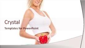  Presentation with healthy nutrition - Presentation with sporty fit and sporty woman with the arrows cycle and the pepper in her hands healthy eating vitamins and nutrition concept background and a sky blue colored foreground