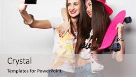  Presentation with women making - Audience pleasing PPT theme consisting of sporty girlfriends standing having fun together beautiful women making selfie positive emotion white background backdrop and a light gray colored foreground