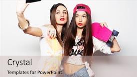  Presentation with women making - Beautiful slide deck featuring sporty girlfriends standing having fun together beautiful women making selfie positive emotion white background backdrop and a mint green colored foreground