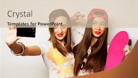  Presentation with women making - Presentation theme featuring sporty girlfriends standing having fun together beautiful women making selfie positive emotion white background background and a lemonade colored foreground