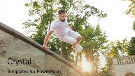  Presentation with adventure sports man - PPT layouts enhanced with sporty man free running outdoors background and a coral colored foreground