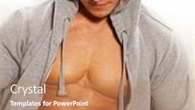  Presentation with sporty - Slide set consisting of sporty man in grey hoodie with muscular torso eating fresh salad background and a coral colored foreground