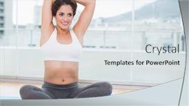  Presentation with exercise mat - Slide set enhanced with sporty-pleased-brunette-stretching background and a sky blue colored foreground