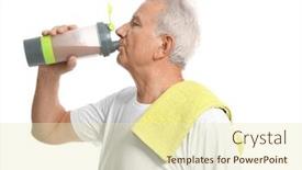  Presentation with protein shake - Slide set featuring sporty senior man drinking protein shake on white background background and a soft green colored foreground