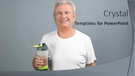  Presentation with protein shake - Colorful presentation design enhanced with sporty senior man with protein shake on color background backdrop and a light gray colored foreground