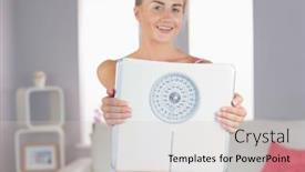  Presentation with living room - Slide set having sporty smiling blonde holding scales in bright living room background and a soft green colored foreground