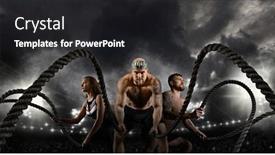  Presentation with battle - Presentation theme consisting of sporty-woman-and-man-working background and a dark gray colored foreground