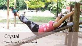  Presentation with hunting conceptual outdoor sports - PPT theme featuring sporty woman doing reverse crunches background and a  colored foreground