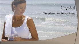  Presentation with bottle water - Cool new PPT theme with sporty woman holding water bottle with towel on shoulder at beach backdrop and a light gray colored foreground