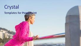  Presentation with railing - Presentation consisting of sporty woman stretching on railing at promenade background and a sky blue colored foreground