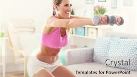  Presentation with step - Audience pleasing presentation theme consisting of sporty-woman-using-step-platform backdrop and a coral colored foreground