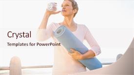  Presentation with exercise mat - Amazing slide set having sporty woman with exercise mat drinking water at promenade backdrop and a lemonade colored foreground