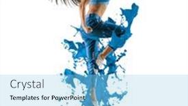  Presentation with fitness dance - PPT theme consisting of sporty-woman-with-jeans-jumping background and a light blue colored foreground