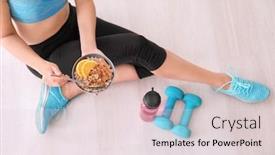  Presentation with sporty - Audience pleasing PPT layouts consisting of sporty woman with spoon and bowl of nutritious oatmeal sitting on floor backdrop and a lemonade colored foreground