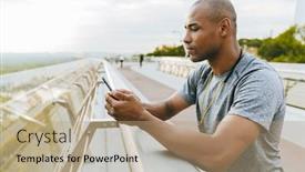  Presentation with railing - Slide set with sporty-young-african-man-typing background and a coral colored foreground