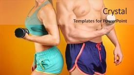  Presentation with sporty - PPT layouts featuring sporty young couple with dumbbells on color background closeup background and a yellow colored foreground