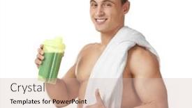  Presentation with protein shake - PPT layouts with sporty young man with protein shake on white background background and a soft green colored foreground