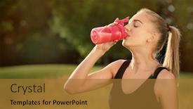  Presentation with protein shake - Slide deck featuring sporty young woman drinking protein shake outdoors background and a gold colored foreground
