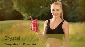 Presentation with protein shake - Slide deck featuring sporty young woman with protein shake outdoors background and a gold colored foreground