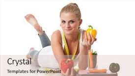  Presentation with man watching woman preparing vegetables - PPT layouts with sporty-young-woman-with-scales background and a soft green colored foreground