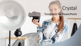  Presentation with worried young female college student - Presentation design consisting of spotlights portrait - young female photographer in studio background and a  colored foreground