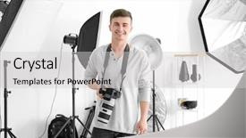  Presentation with audiotape audio studio - Presentation theme consisting of spotlights portrait - young male photographer in studio background and a light gray colored foreground