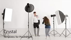  Presentation with professional - Beautiful presentation design featuring spotlights portrait - young man posing for professional backdrop and a light gray colored foreground
