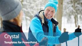  Presentation with winter forest - Colorful presentation theme enhanced with spouse - happy mature man in activewear backdrop and a teal colored foreground