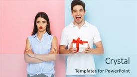  Presentation with young happy couple - Presentation theme featuring spouse - happy young couple standing isolated background and a sky blue colored foreground
