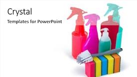  Presentation with sponges - Amazing PPT layouts having spray bottles against white background backdrop and a  colored foreground