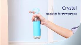  Presentation with hand hygiene in hospital - PPT theme featuring sprayed air freshener in hand background and a sky blue colored foreground