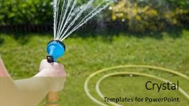  Presentation with woman covering man mouth hand - Presentation with pressure sprayer - woman's hand with garden hose background and a gold colored foreground